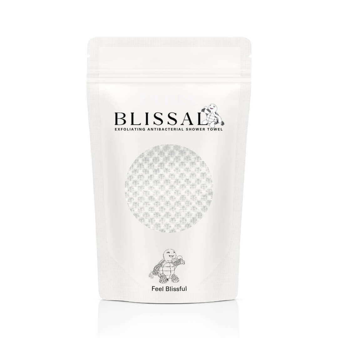 Men and women using Blissal exfoliating towel with key benefits like deep exfoliation, sensitive-skin friendly, and rich lather
