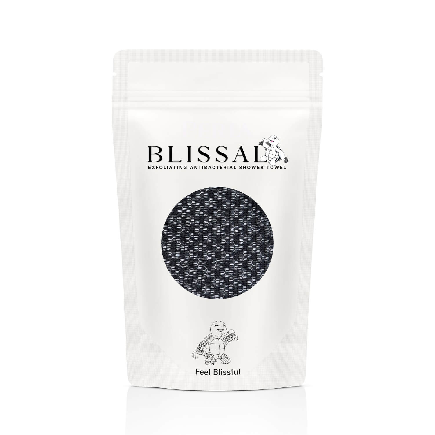 Blissal exfoliating antibacterial shower towel in premium resealable gift-ready packaging